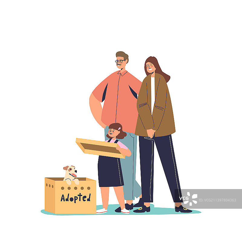 一家人从收容所带回小狗，父母很高兴图片素材