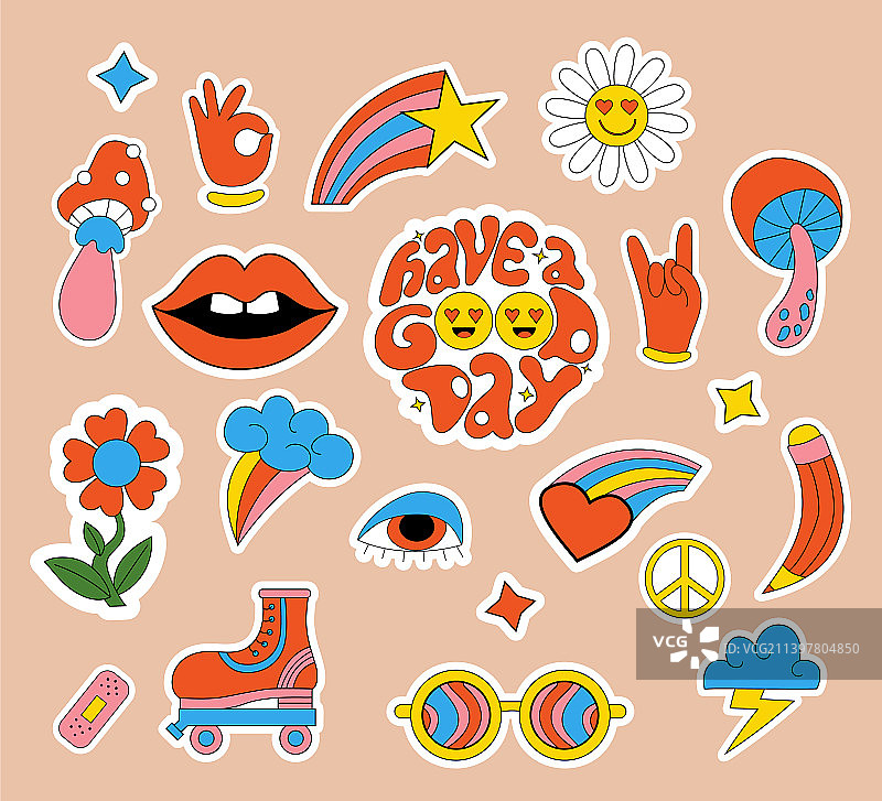 时髦的嬉皮士贴纸70、80年代复古套装图片素材