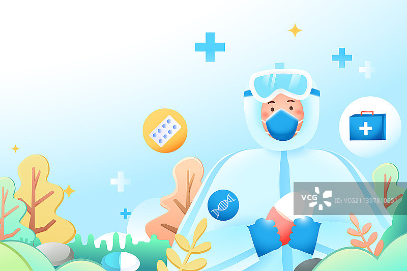 卡通疫苗口罩保险保障医生医疗医药健康防护服隔离核酸医生医护团队商务关爱帮助社会民生渐变矢量插画图片素材