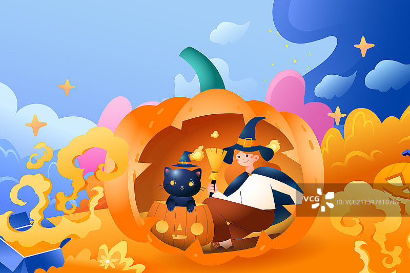 卡通万圣节派对庆祝西方节日娱乐休闲活动购物电商促销装扮约会出游怪物女巫鬼怪角色扮演渐变背景矢量插画图片素材