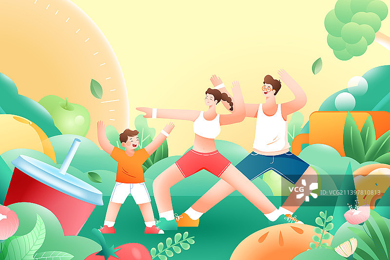 卡通3d渐变三维电商促销双十一双十二购物节网购消费运动健身健康饮食家庭亲子户外跑步减肥商务矢量插画图片素材