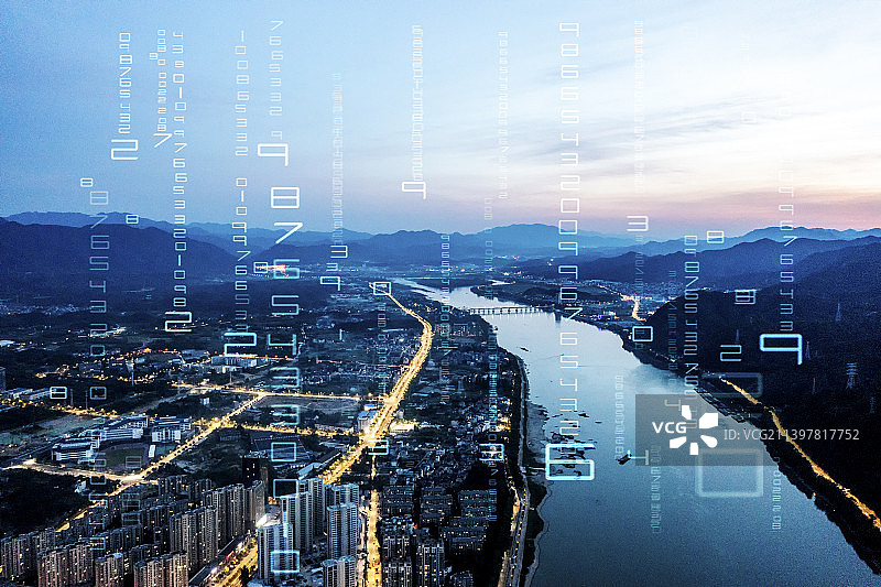 杭州桐庐城市建筑风光 夜景和科技智慧城市图片素材