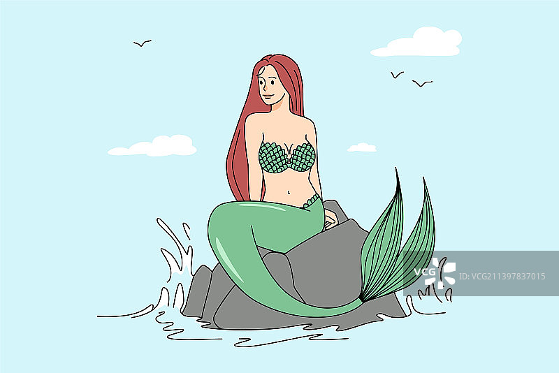 坐在海中石头上的美人鱼图片素材