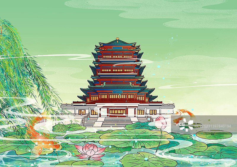 济南地标古建筑插画大明湖超然楼图片素材