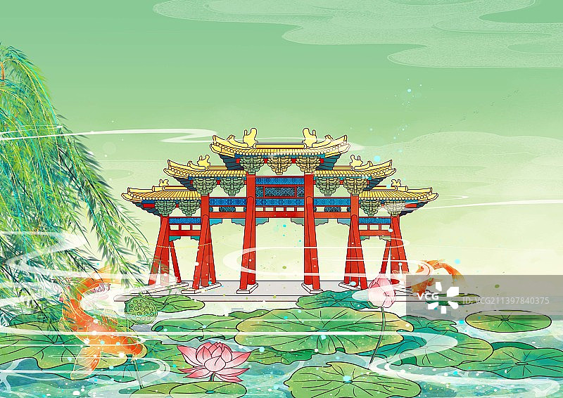 济南地标古建筑插画大明湖公园图片素材