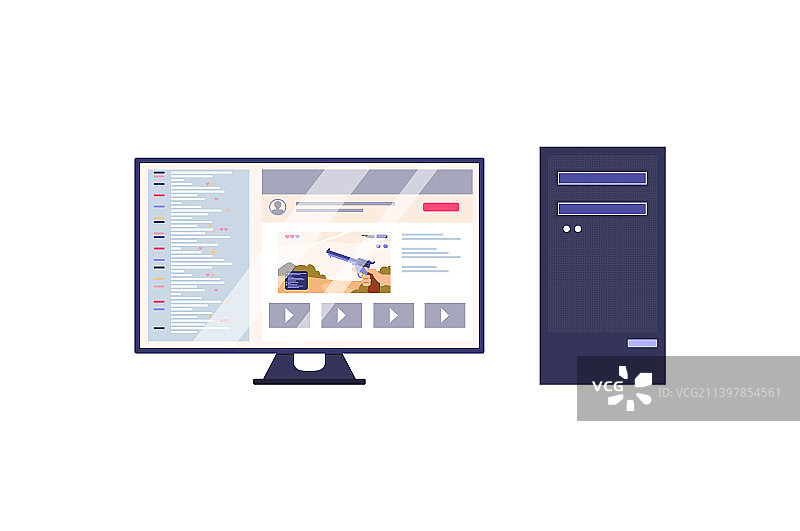 游戏电脑显示器和音响扁平设计图片素材