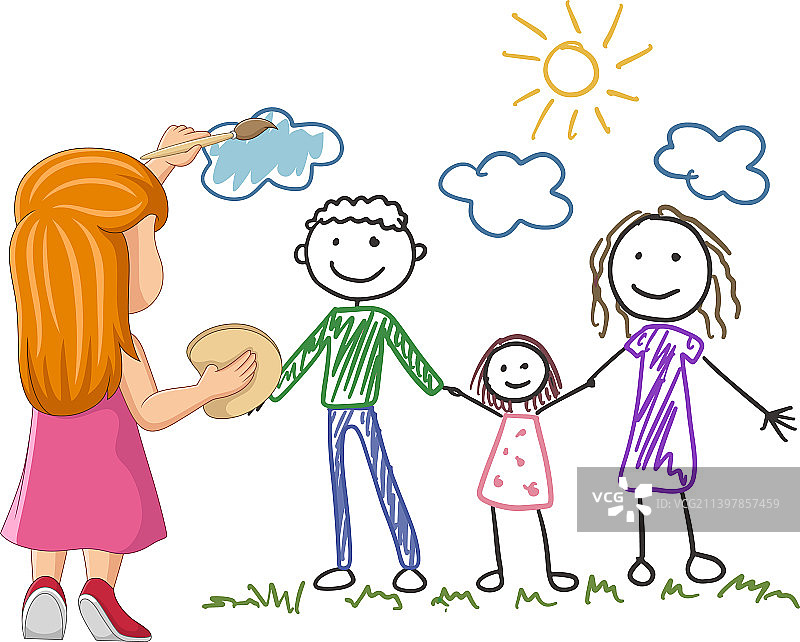 卡通小女孩在地上画家庭图片素材