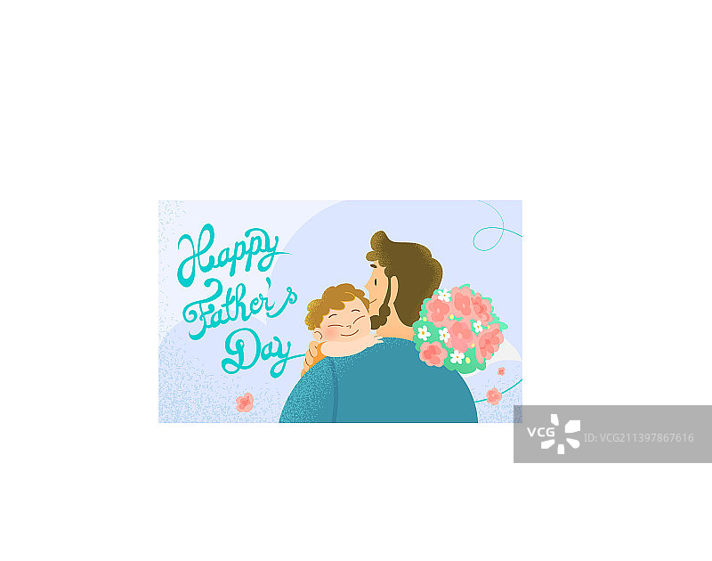 父亲和孩子拥抱，手捧鲜花图片素材