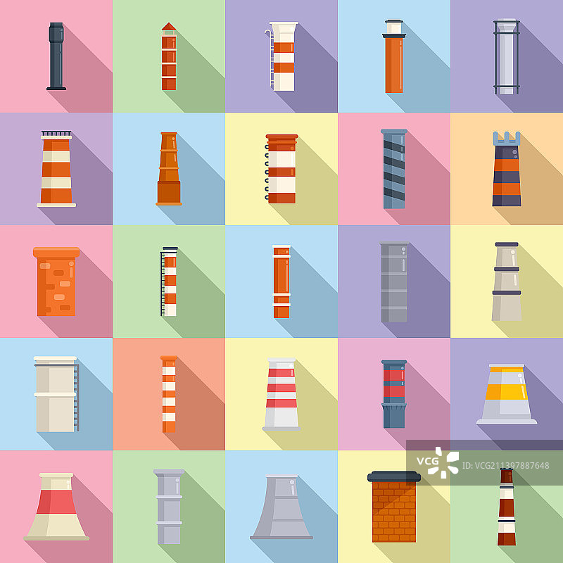 带平板屋顶的烟囱图标集图片素材