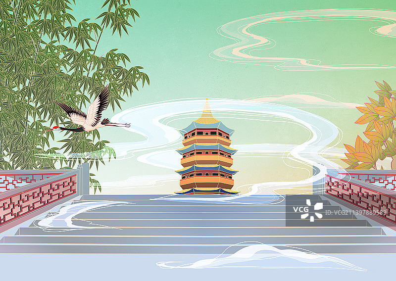 中国国潮国风新中式风景背景插图展板插画图片素材