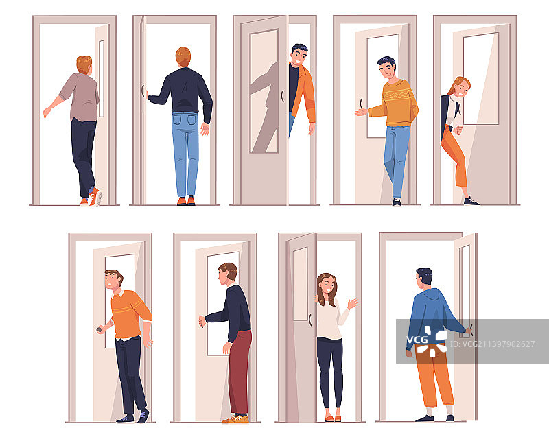 人们在门口开关门图片素材