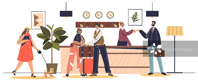 带有客人的酒店大堂或接待大厅内景图片素材