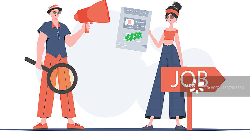 人力资源团队：带着扩音器的男人和有工作的女孩图片素材