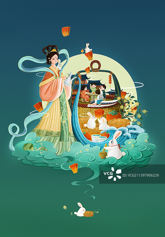 中秋节日国风插画嫦娥玉兔阖家团圆吃月饼图片素材