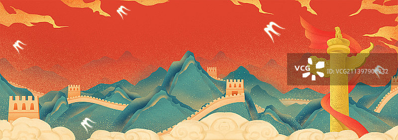 华表敦煌壁画中国风万里长城诗意江山长图插画图片素材