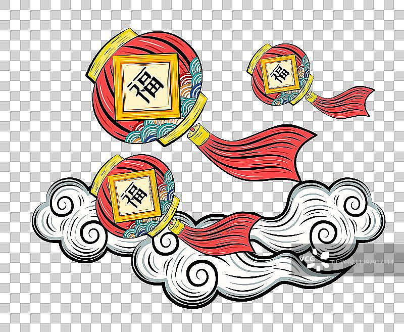 国潮祥云灯笼飘飞送福矢量插画素材图片素材