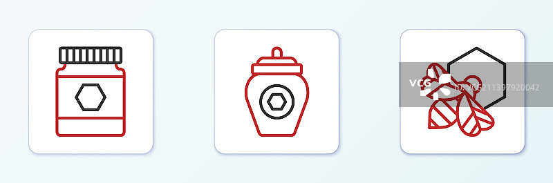 蜜蜂、蜂巢和蜂蜜罐的线条图标图片素材