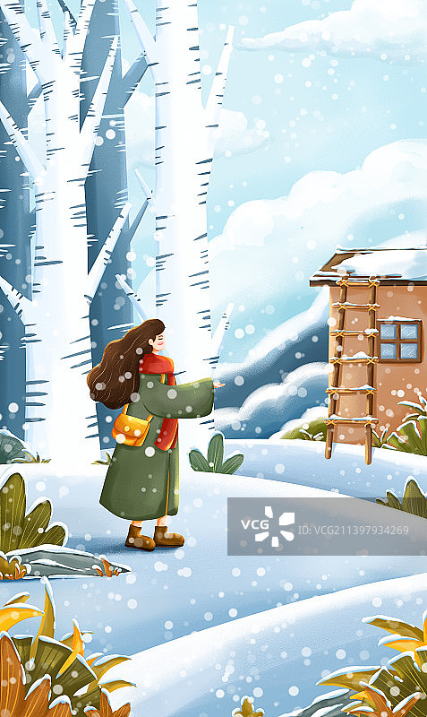 户外下雪天的冬天风景插画图片素材