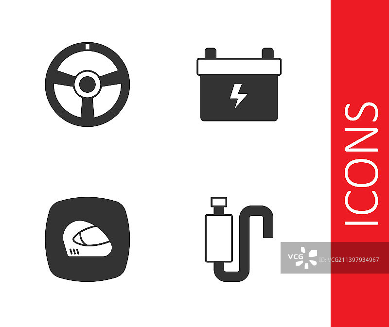 汽车消声器、赛车方向盘和头盔组件图片素材