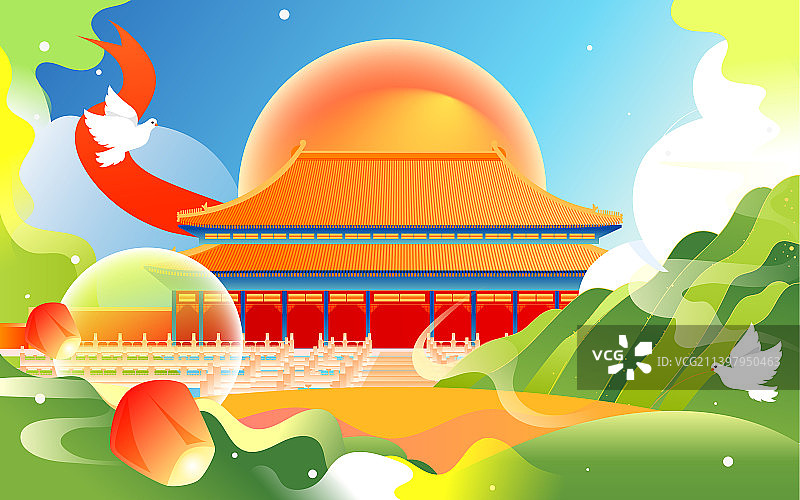 国庆节一家人出门景点旅游地标建筑国潮插画图片素材