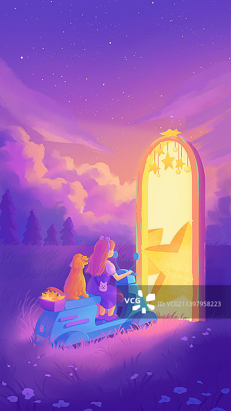 女孩在草地骑车梦幻唯美温馨治愈插画图片素材