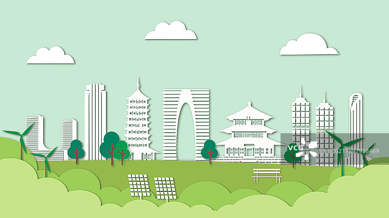 苏州新能源绿色城市剪纸风插画图片素材