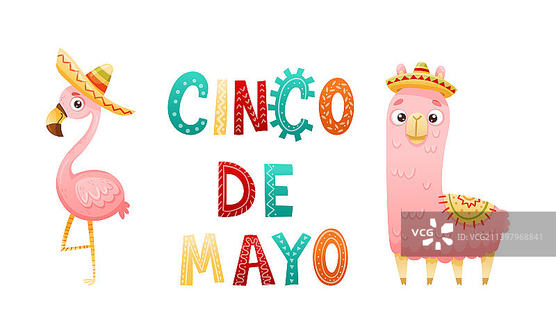 戴着墨西哥帽的粉红火烈鸟和羊驼图片素材