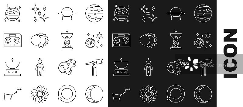 月亮望远镜宇宙飞船星球线条组合图片素材