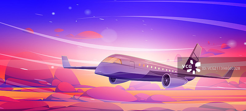 粉色云朵早晨天空中的飞机图片素材