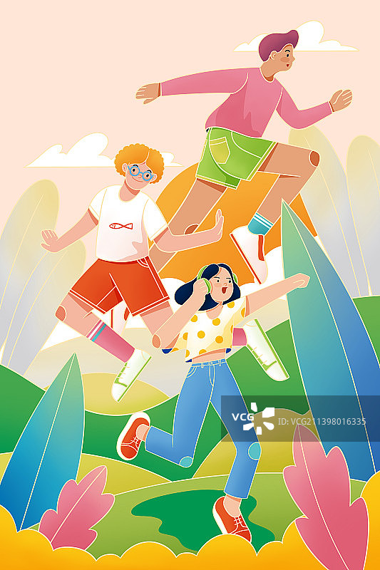 三个青年在户外奔跑跳跃图片素材