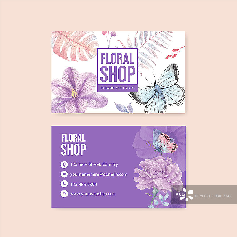 带有粉彩热带花卉的名片模板图片素材