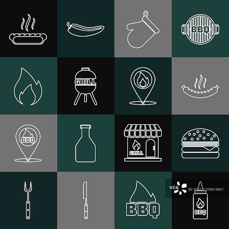 番茄酱瓶汉堡香肠烤箱线条组合图片素材