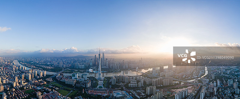 广州塔和珠江新城城市天际线日出风光航拍全景图片素材