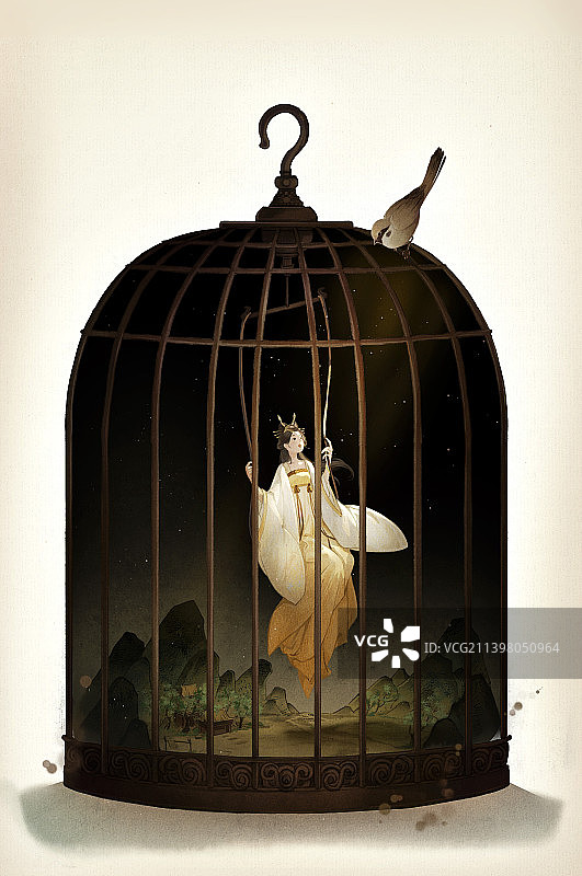 古风意境水墨插画——鸟笼中的少女图片素材