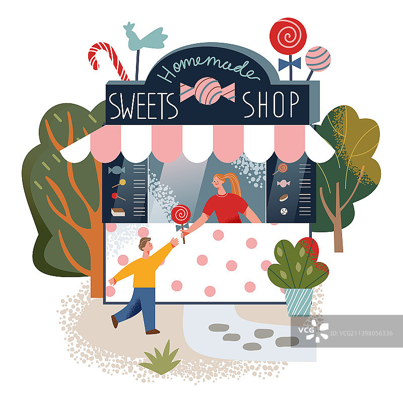 带甜点菜单的糖果店和女店主图片素材
