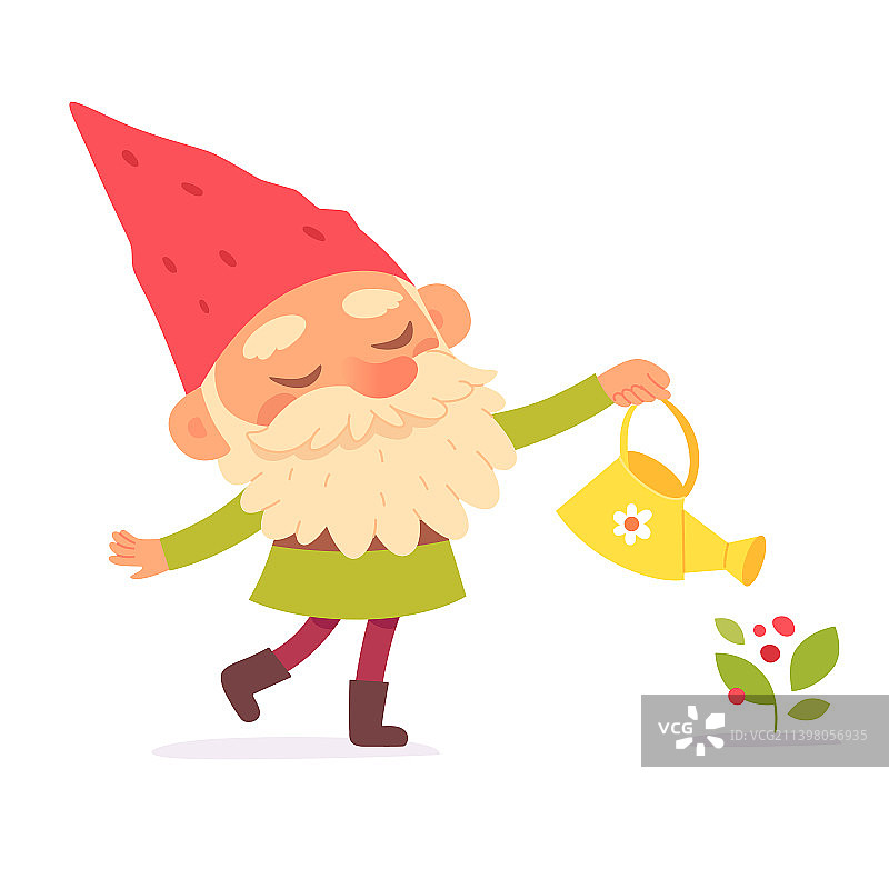 花园地精拿着水壶给植物浇水图片素材