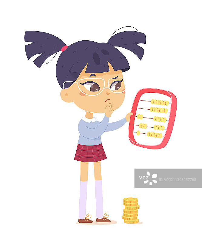 忙碌的孩子数着金币，可爱的女孩拿着图片素材