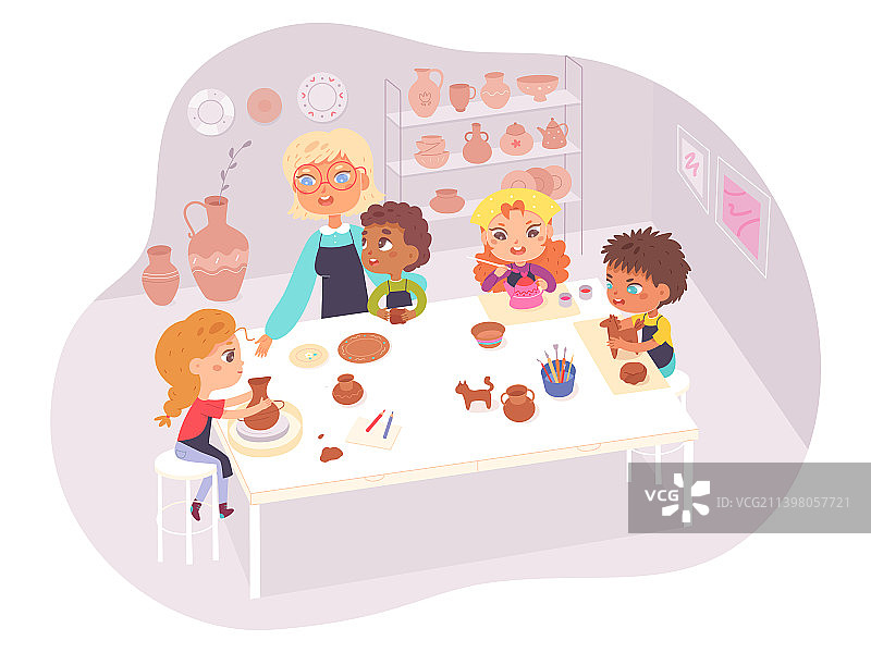 孩子们制作陶器和粘土雕塑图片素材