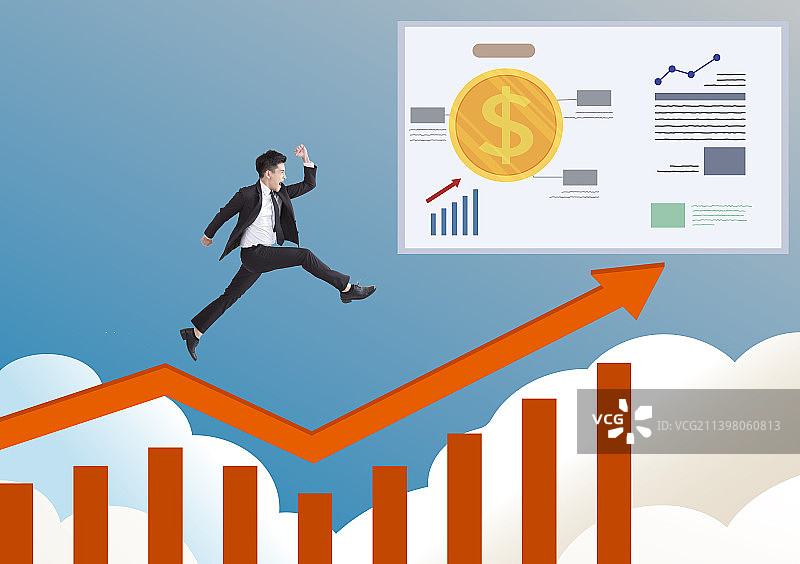 办公男性开心的跳跃的商务会议业绩成长简报图片素材