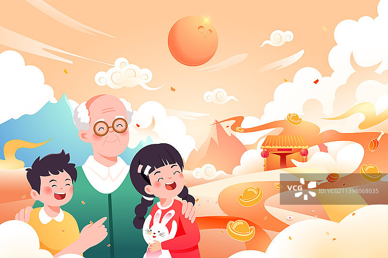 卡通兔年新年春节家人家庭团圆年夜饭亲子儿童兔子吉祥物生肖动物喜庆年货节传统节日习俗中国风国潮矢量插画图片素材