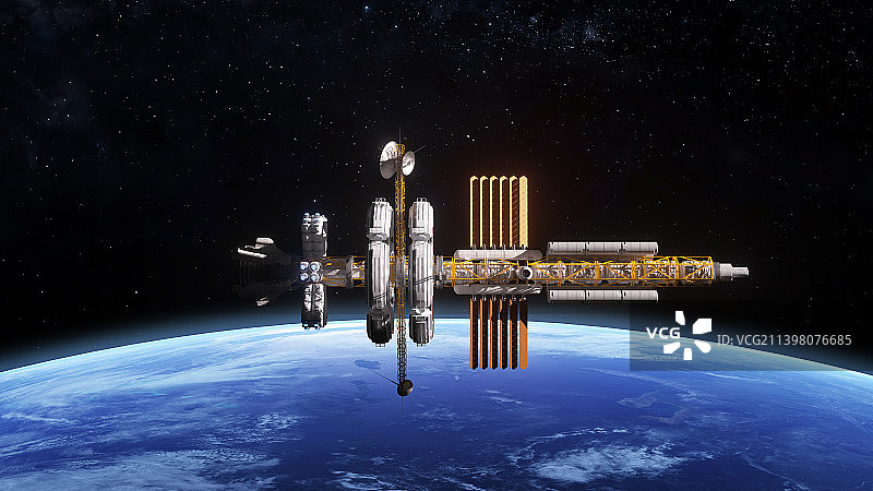 三维渲染的地球和太空站图片素材