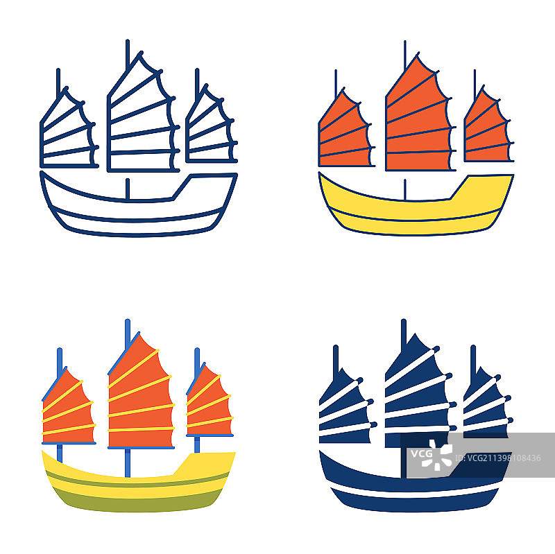 亚洲帆船图标设置在平面和线条风格图片素材