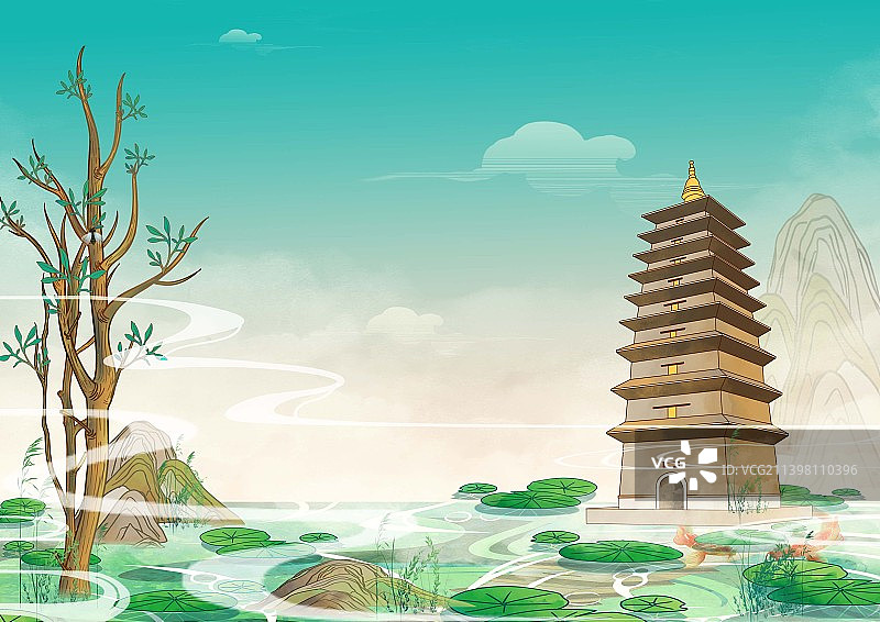 石家庄地标古建筑国风插画须弥塔图片素材