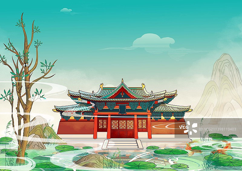 石家庄地标古建筑国风插画隆兴寺图片素材
