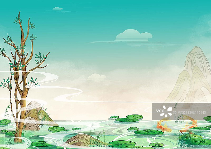 荷叶锦鲤国风插画背景图片素材