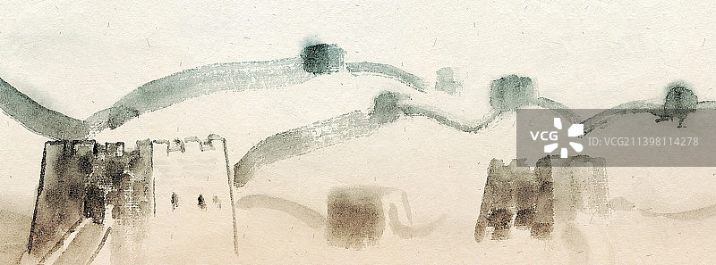 写意水墨画风格长城风景插画图片素材