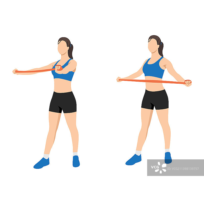 女人用长阻力带做反向飞鸟图片素材