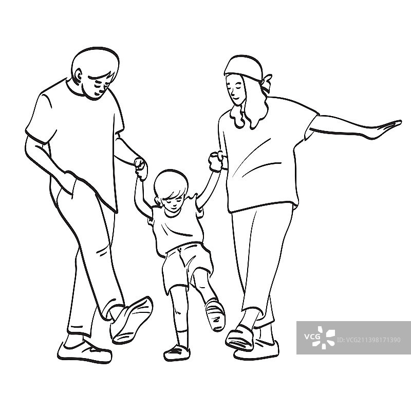 父母与孩子玩耍线条画图片素材