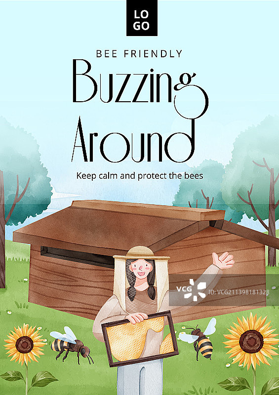 水彩蜜蜂概念海报模板图片素材