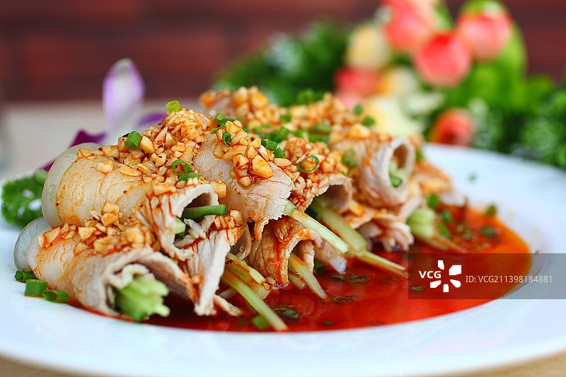 蒜泥白肉，凉拌白肉，肉卷，白肉卷三丝，下饭菜，凉拌菜，美食，美味，午餐，晚餐，菜，菜品，工作餐，中餐图片素材